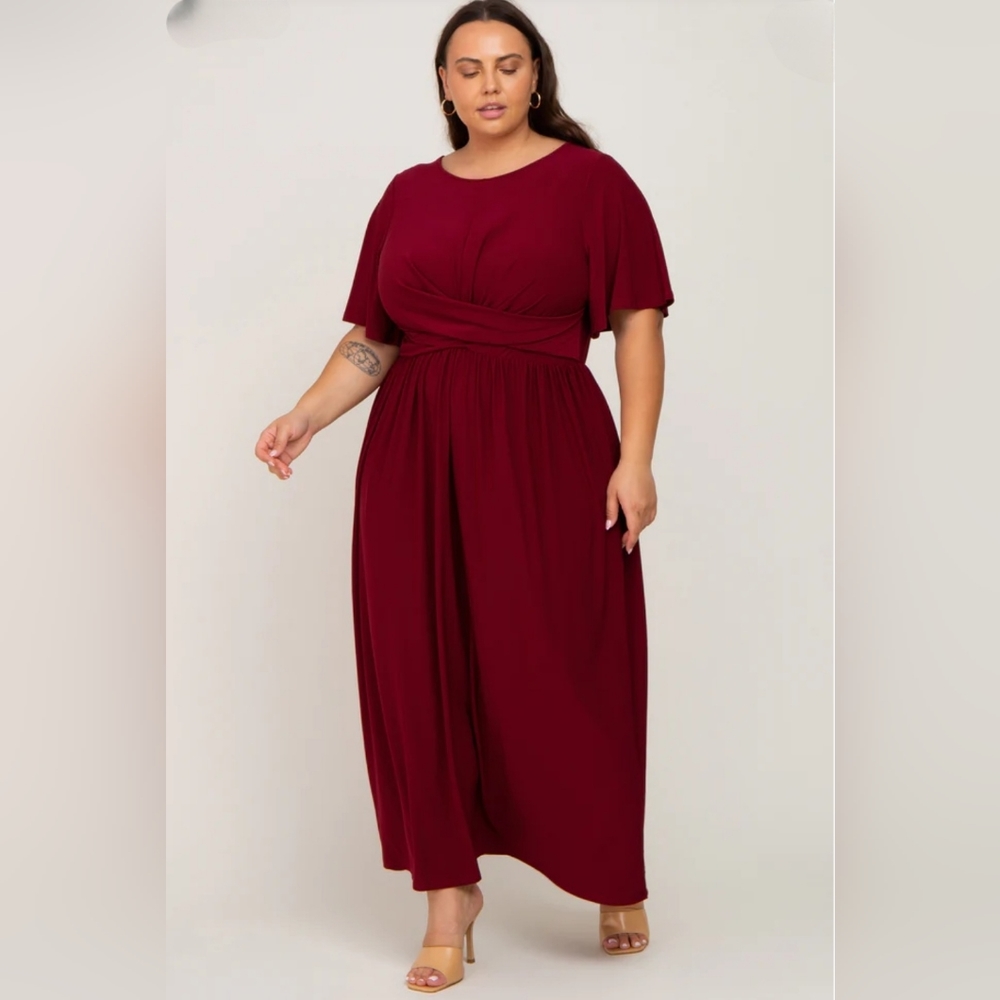 Burgundy Gathered Front Plus Maxi Dress